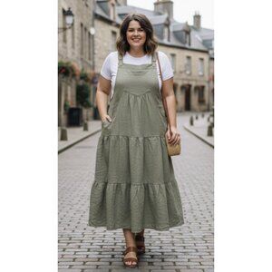 ODDI LOS ANGELES Everlee Apron Pinafore Tiered Maxi Dress in Sage Green 2XL NWT